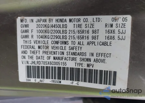 2006 Honda Cr-V Lx from USA, damaged, VIN JHLRD785X6C005155